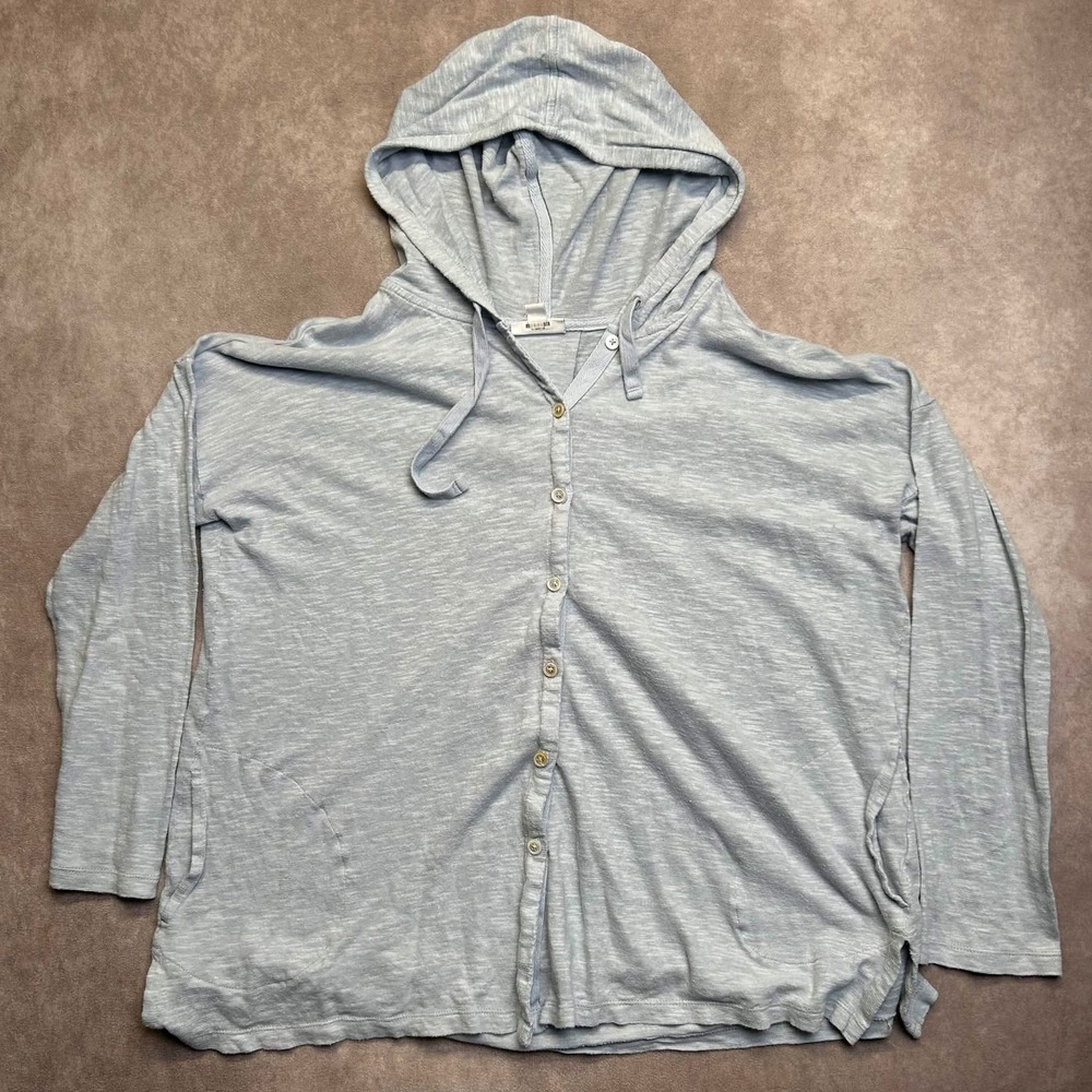 J. Jill Womens Large Petite Blue Linen Cotton Blend Button Front Hoodie